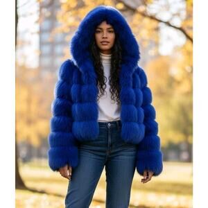 Azalea Wang Gracelle Faux Fur Cropped Jacket Blue Women's Plus Size 2X Glam